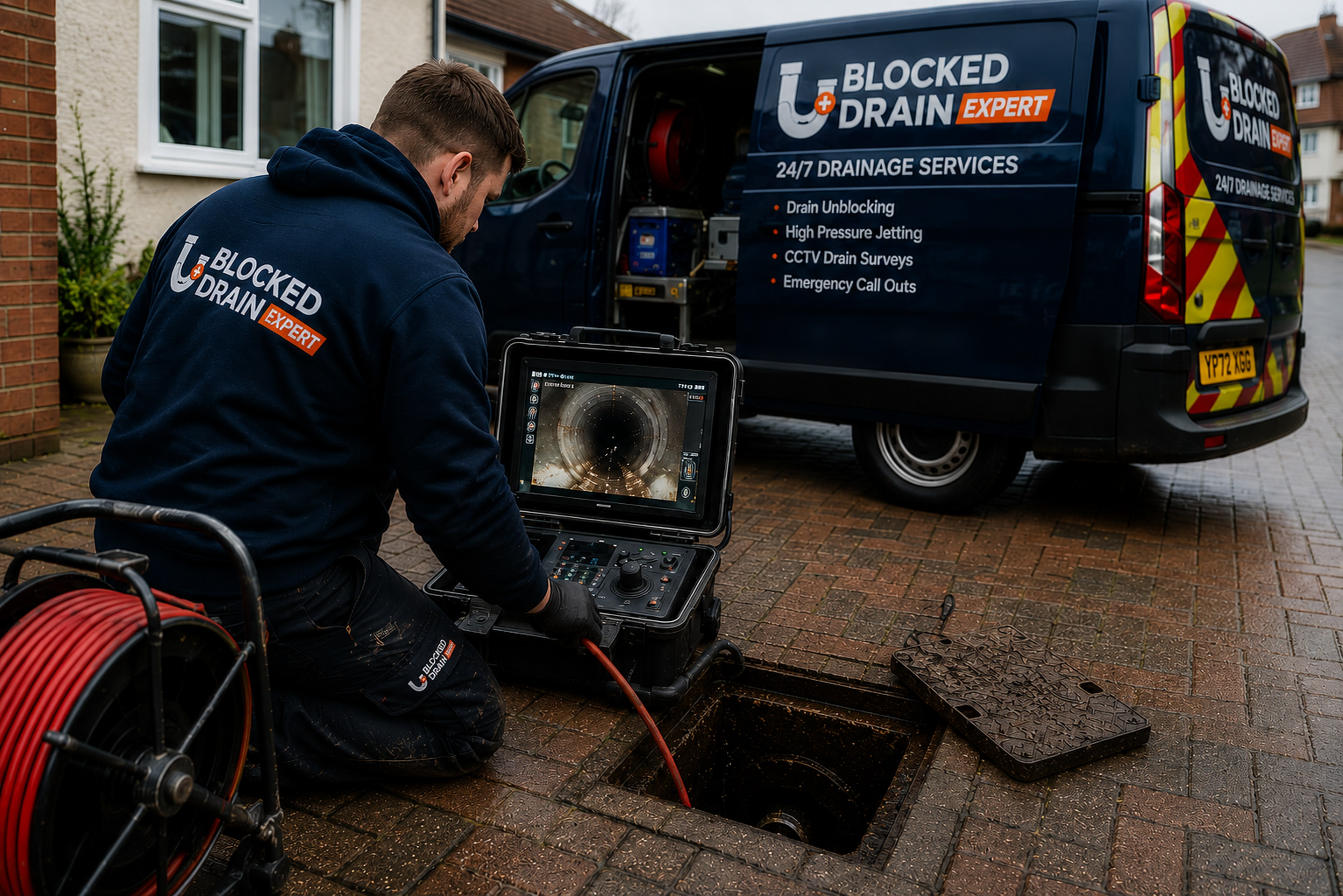 Blocked Drain Expert CCTV drain survey equipment beside a branded van