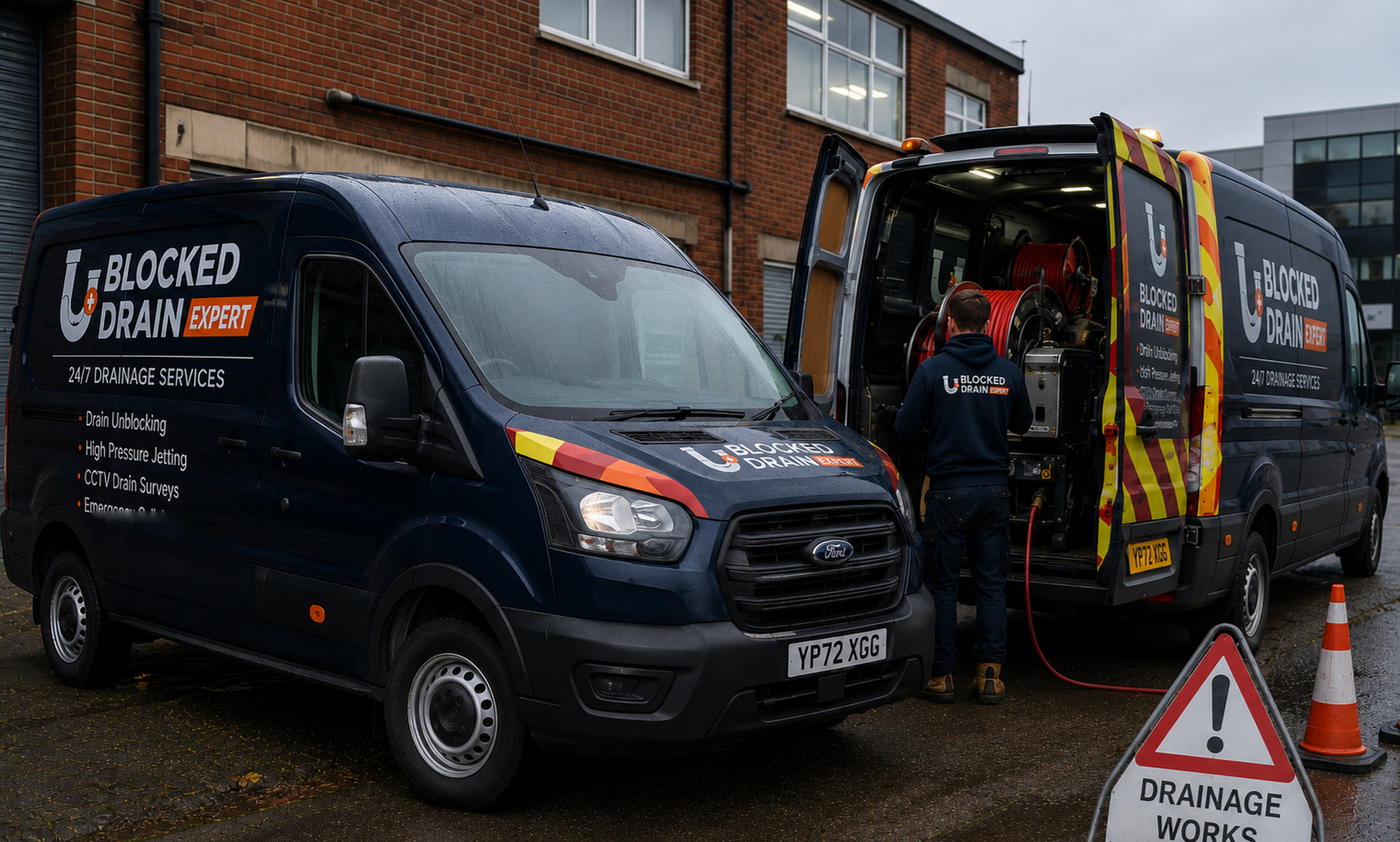 Blocked Drain Expert drainage vans and equipment on site